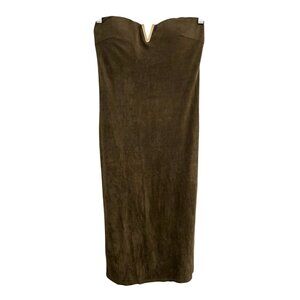 Giorgia Strapless Brown Midi Dress Gold V Neck Detail Sz Medium
